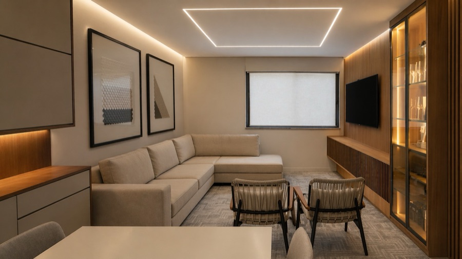 Sala de estar com painel planejado em madeira